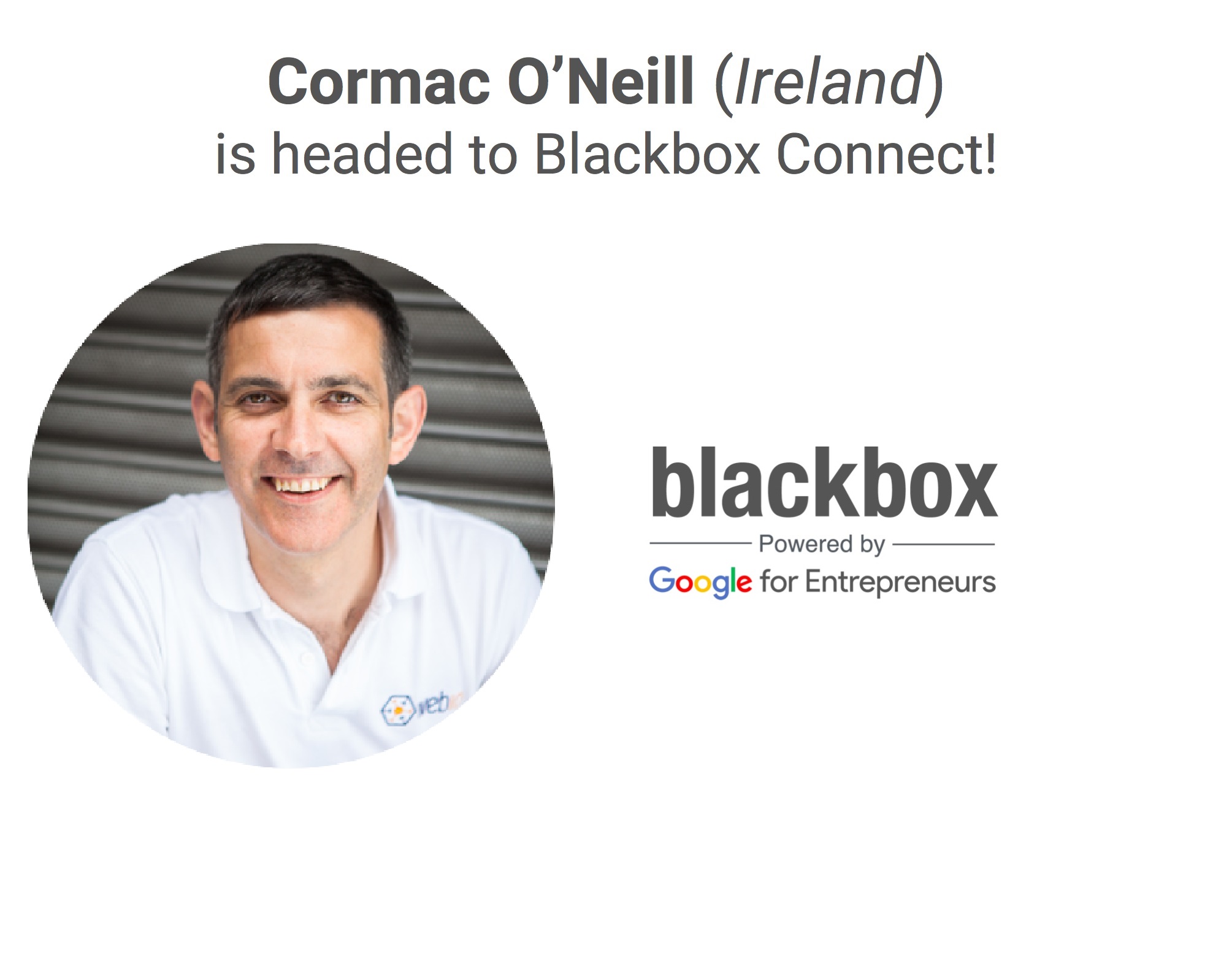 Picture of Cormac O'Neill CEO in Webio the Conversational Middleware Company alongside Blackbox Connect logo